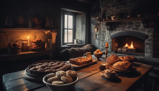 Foto gratuita pan de calabaza al horno en una mesa rústica en el interior generado por ia