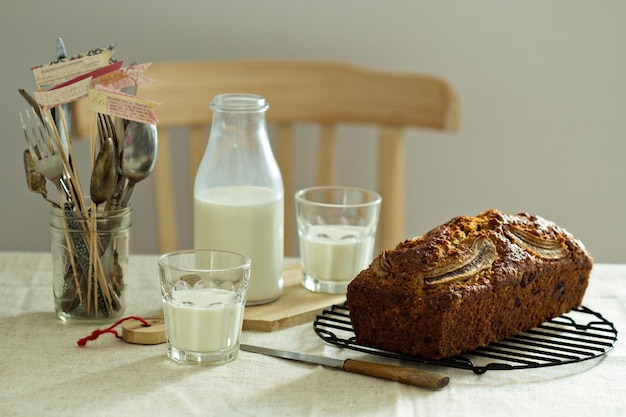 Pan de plátano con leche