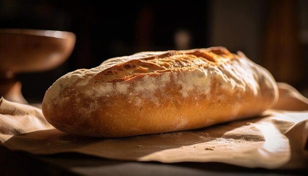 Pan recién horneado en una mesa rústica de madera generada por IA