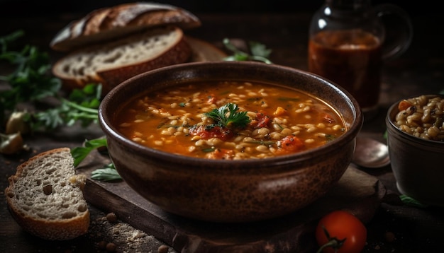 Pan de sopa recién cocinado y comida de verduras generada por IA