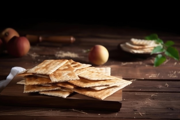 Pan tradicional de matzá en una mesa rústica de madera con espacio para copiar Ai generativo