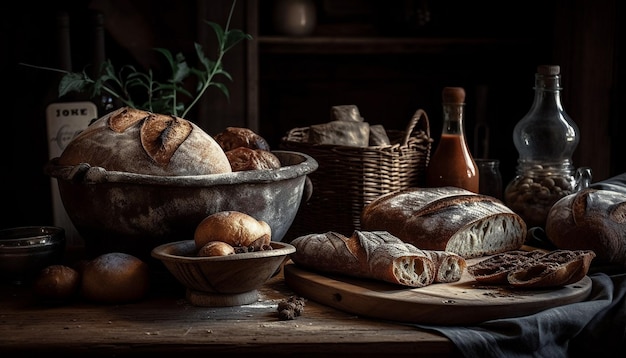 Foto gratuita pan de trigo rústico recién horneado en una mesa de madera generado por ia