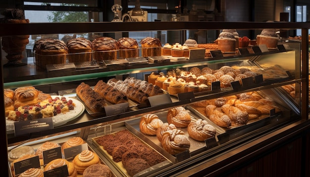 Una panadería con una exhibición de pasteles y bollería.