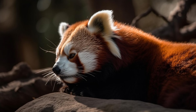 Foto gratuita panda rojo sentado en una rama con la mirada fija generada por ia