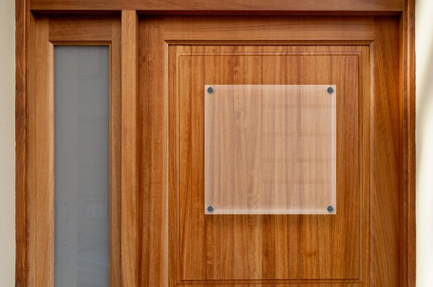 Panel cuadrado transparente en puerta de madera.
