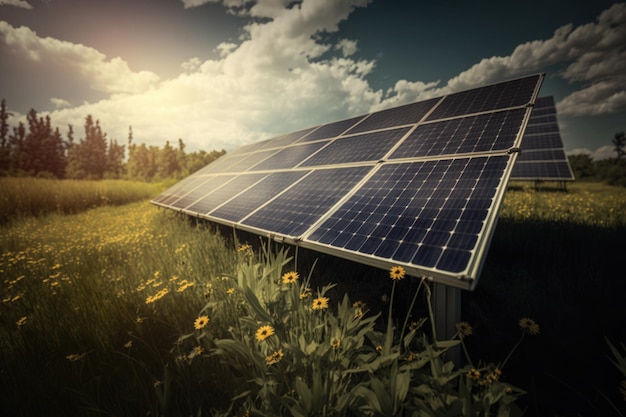 Panel de energía solar fotovoltaica en el campo verde limpio Concepto de energía alternativa Ai generativo