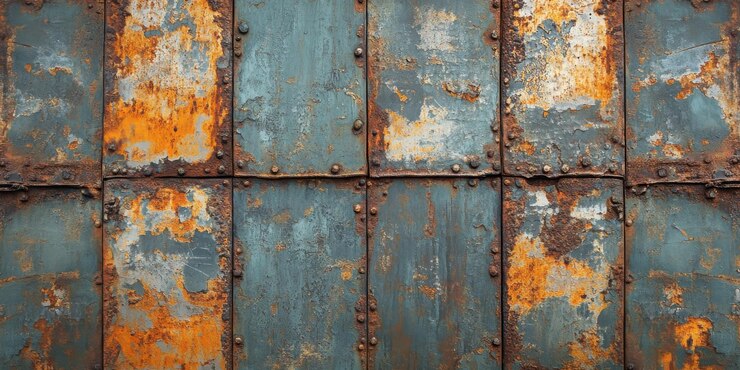 Foto gratuito paneles metálicos oxidados con fondo texturizado envejecido industrial grunge azul naranja