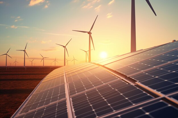 Paneles solares y molinos eólicos al atardecer energía sostenible medio ambiente ecológico