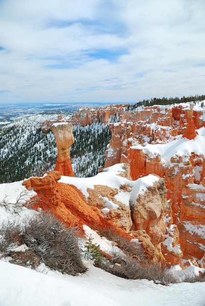 Panorama del cañón Bryce con nieve en invierno con rocas rojas y cielo azul.