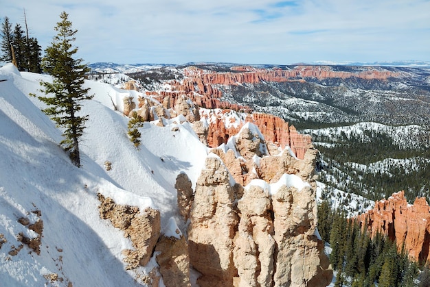 Panorama del cañón Bryce con nieve en invierno con rocas rojas y cielo azul.