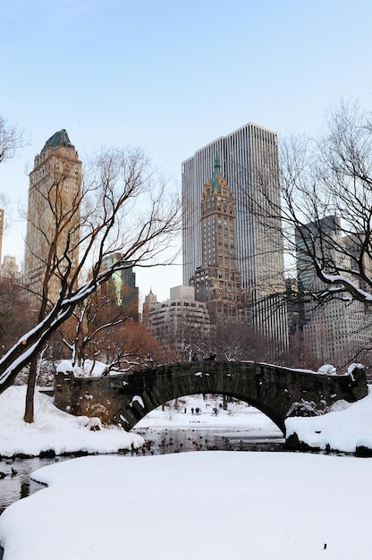 Panorama de Manhattan Central Park de Nueva York en invierno con nieve, puente; lago helado y rascacielos al atardecer.