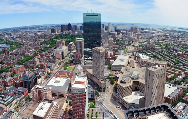 Panorama de la vista aérea del horizonte de Boston con rascacielos