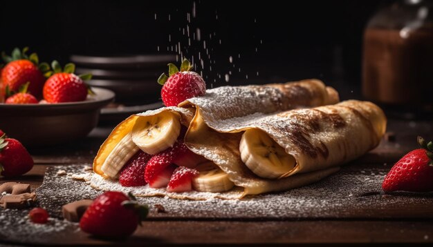 Panqueques de bayas dulces en un plato de madera en interiores generados por IA