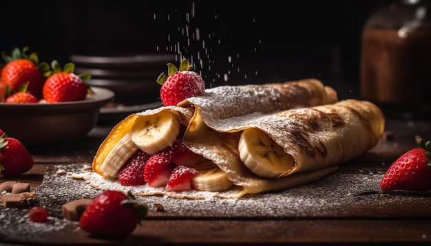 Panqueques de bayas dulces en un plato de madera en interiores generados por IA