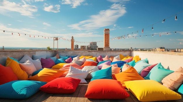 Foto gratuita pantalla de cine con sillas de bolsa de frijol en el techo