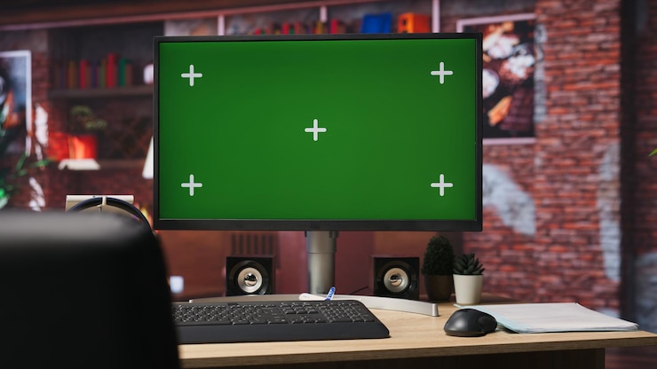 Foto gratuito pantalla de computadora de llave chroma en el ático con estantes llenos de libros en el fondo