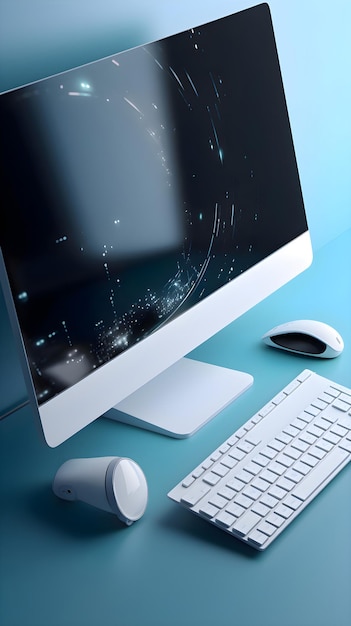 Foto gratuita pantalla de computadora con ratón y teclado en fondo azul renderización 3d