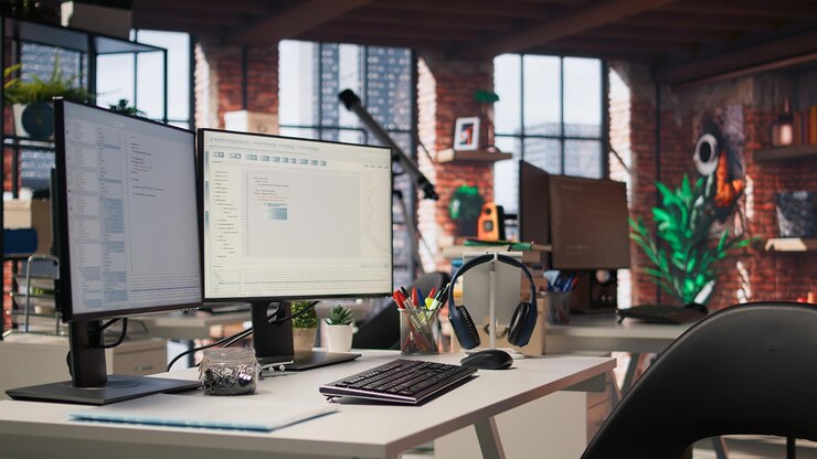 Foto gratuito pantalla de pc en el escritorio de la oficina de inicio que muestra lenguajes de programación