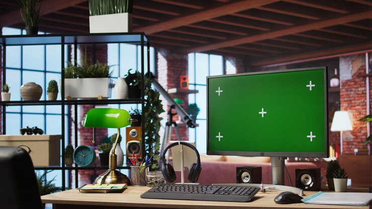 Foto gratuito pantalla de pc con tecla chroma en la habitación del ático de pared de ladrillo