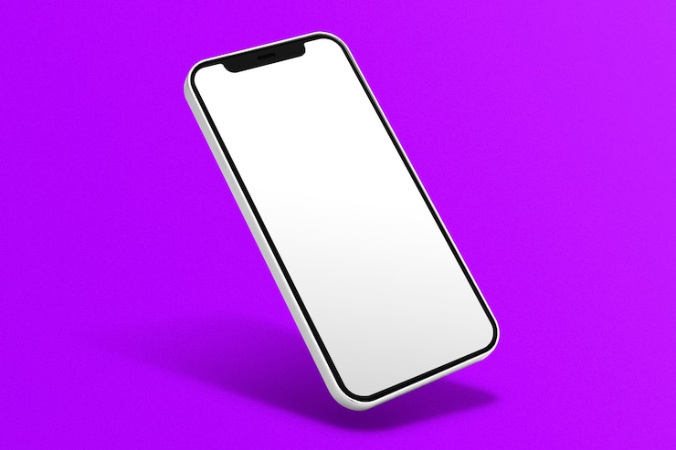 Pantalla de teléfono en blanco sobre fondo púrpura