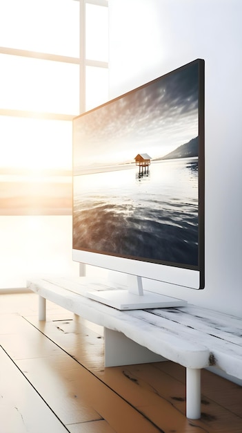 Foto gratuita pantalla de tv en el suelo de madera en la sala de estar con luz solar renderización 3d