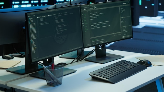 Pantallas de computadora en el escritorio en el centro de servidores avanzados