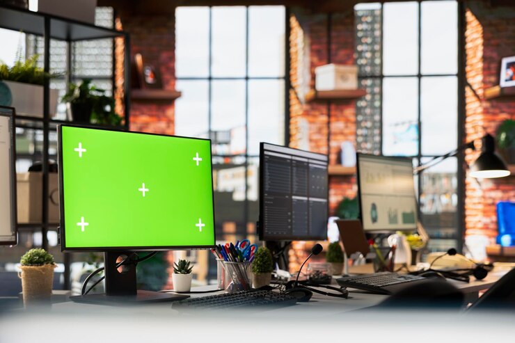 Foto gratuito pantallas de computadora de pantalla aislada con llave chroma en el espacio de trabajo de soporte al cliente