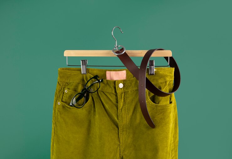 Foto gratuito pantalones en colgante con fondo verde