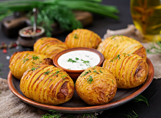 Papa al horno con hierbas y salsa. Comida vegana. Comida saludable.