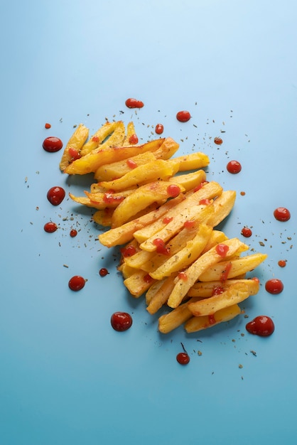 Foto gratuita papas fritas de alto ángulo con salsa de tomate