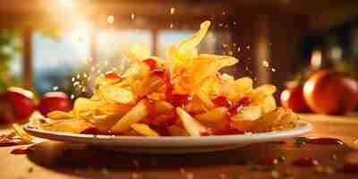 Foto gratuita las papas fritas crujientes se encuentran con una pizca de ketchup en una vibrante danza de cocina