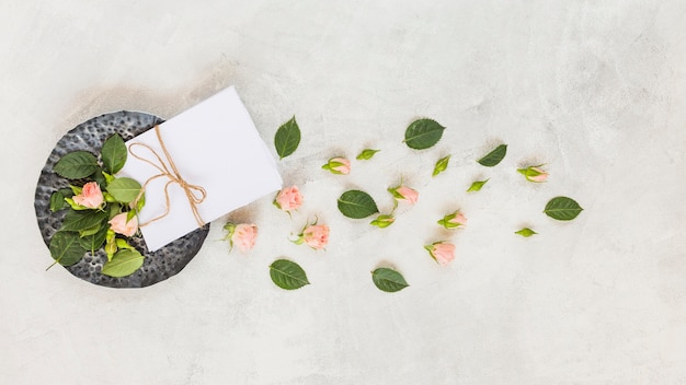 Papel atado con una cuerda; flores rosadas y hojas sobre fondo concreto