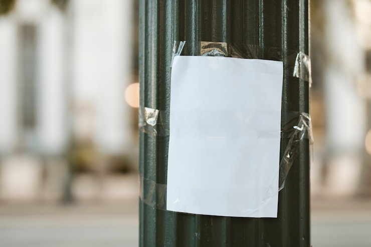 Un papel en blanco pegado a un pilar verde