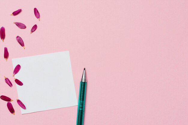 Papel en blanco con pétalos de flores y pluma