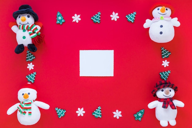 Papel entre muñecos de nieve de juguete y adornos navideños.