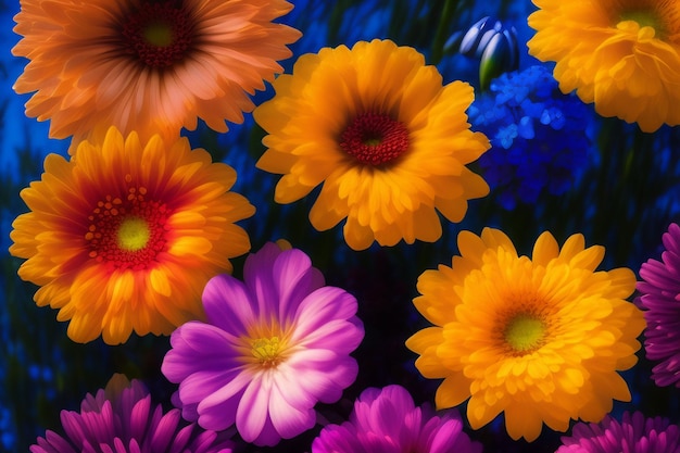 Un papel pintado de flores de colores con un fondo de flores de color púrpura