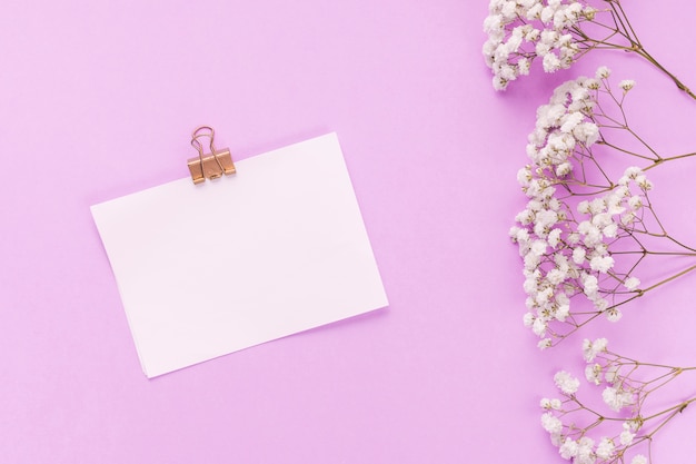 Foto gratuita papel con ramas de flores en mesa rosa