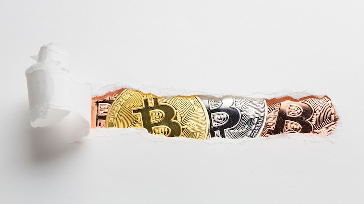 Foto gratuito papel rasgado que revela bitcoin