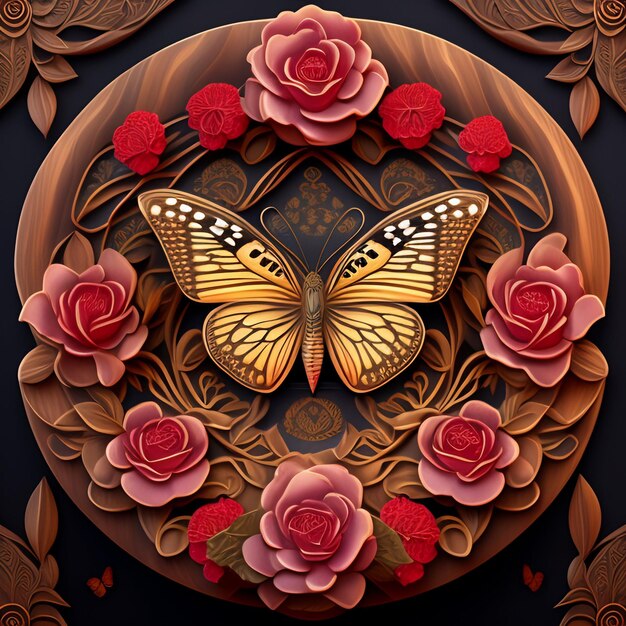 Un papel recortado de una mariposa con rosas rojas.