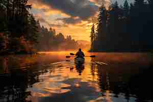 Foto gratuita papel tapiz de kayak al atardecer en el lago calm