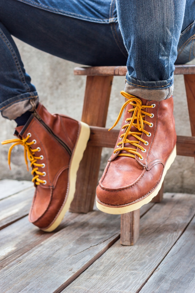 Foto gratuito un par de botas de cuero marrón.