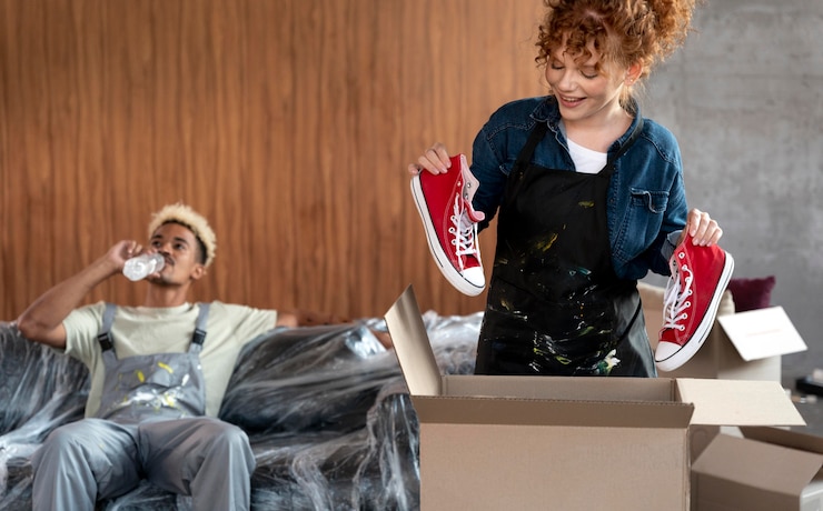 Foto gratuito par ordenar pertenencias de cajas de cartón después de mudarse a casa nueva