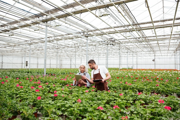 Par de trabajadores de pie en el jardín cerca de flores y hablando