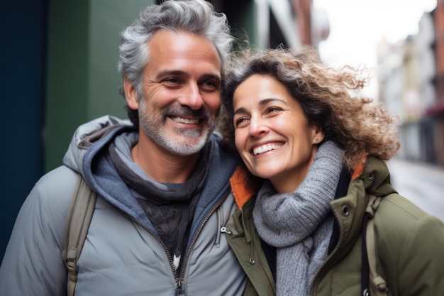 Foto gratuita pareja adulta expresión feliz al aire libre en una ciudad ai generado