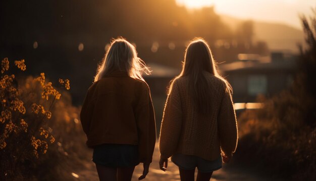 Una pareja de adultos jóvenes se abraza en un atardecer de otoño generado por IA