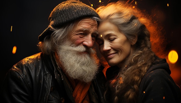 Una pareja alegre abrazando sonriendo celebrando el amor en una noche de invierno generada por inteligencia artificial