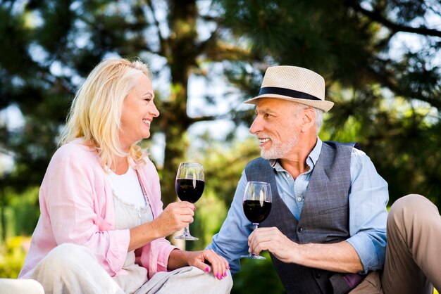 Pareja de ancianos con copas de vino en la naturaleza