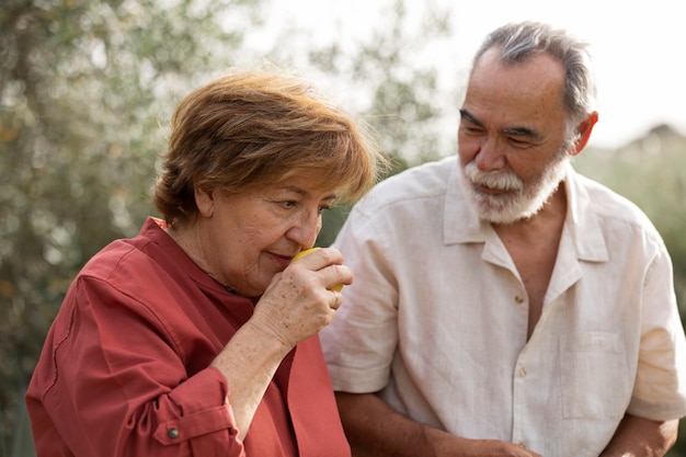 Pareja de ancianos recogiendo verduras de su jardín en el campo