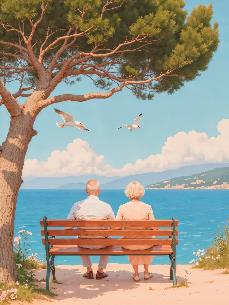 Una pareja de ancianos relajándose junto al mar.