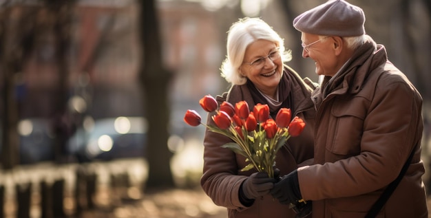 Foto gratuita una pareja de ancianos saliendo en un parque de la ciudad de primavera una imagen de una pareja de ancianos enamorados el día de san valentín